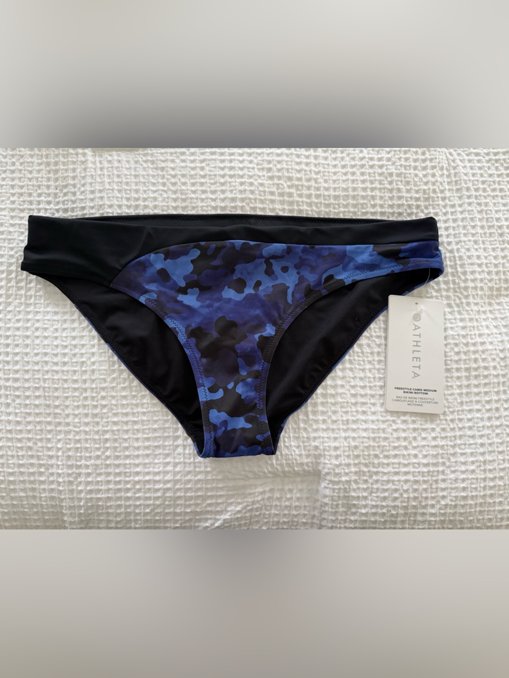 Athleta Blue Camo Medium Bikini Bottom with Black Side Panels
